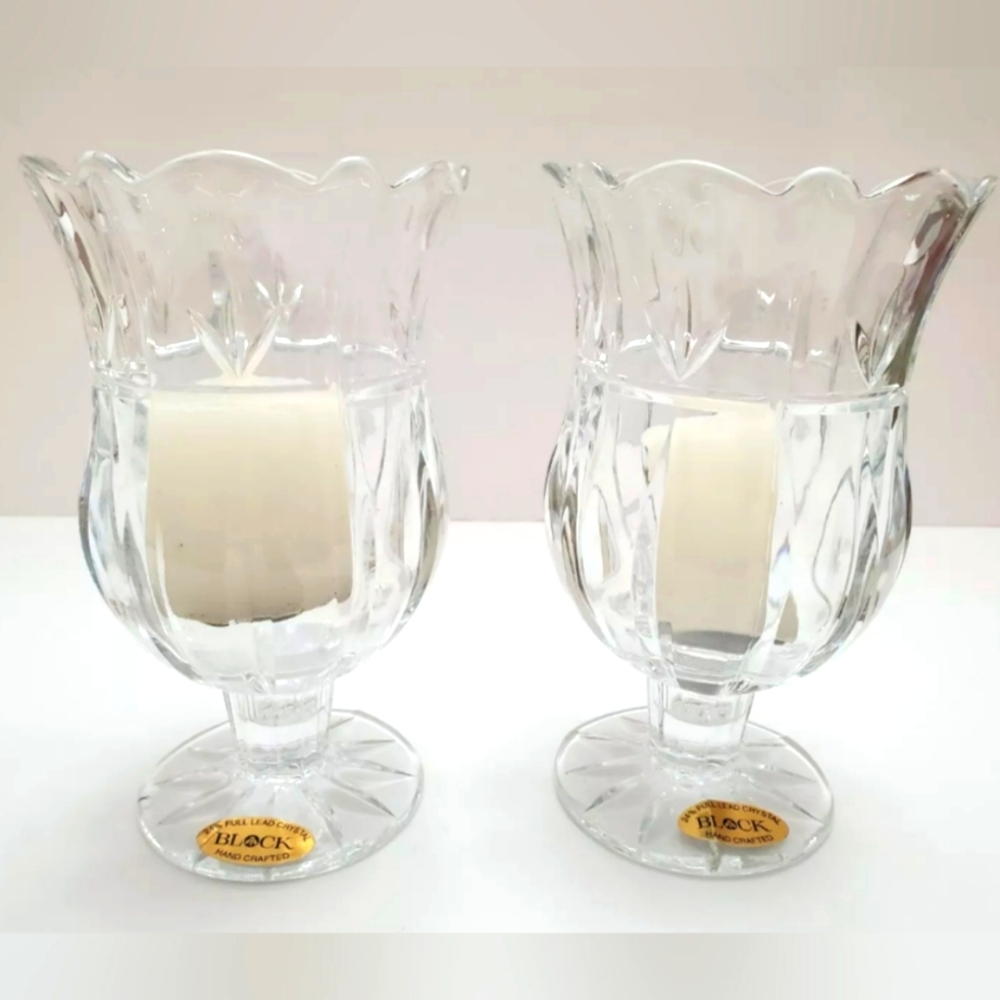 2 Block Crystal Tulip Green Vase/ Candle Holder